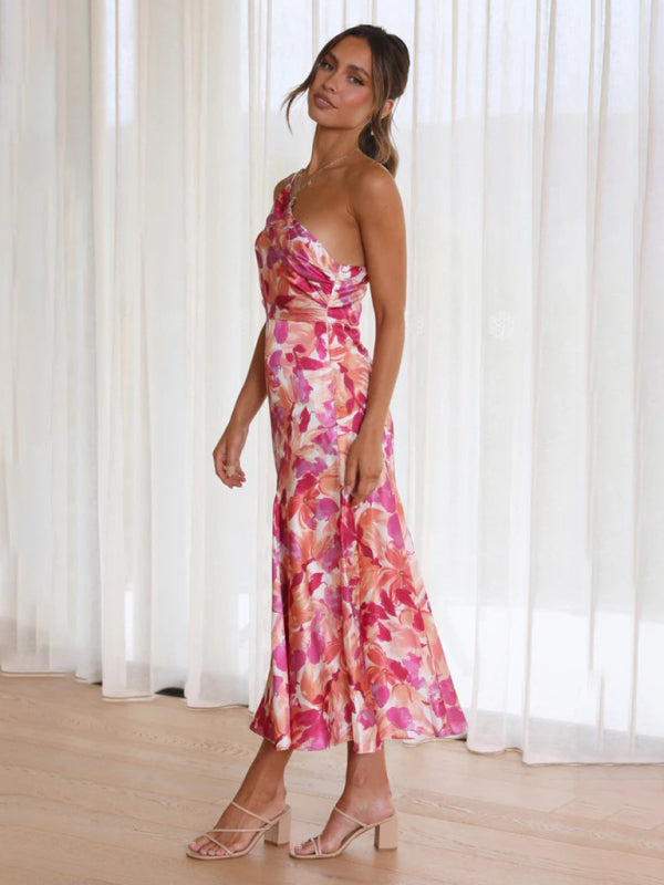 Women’s new fashionable temperament slant neck suspender fishtail print dress