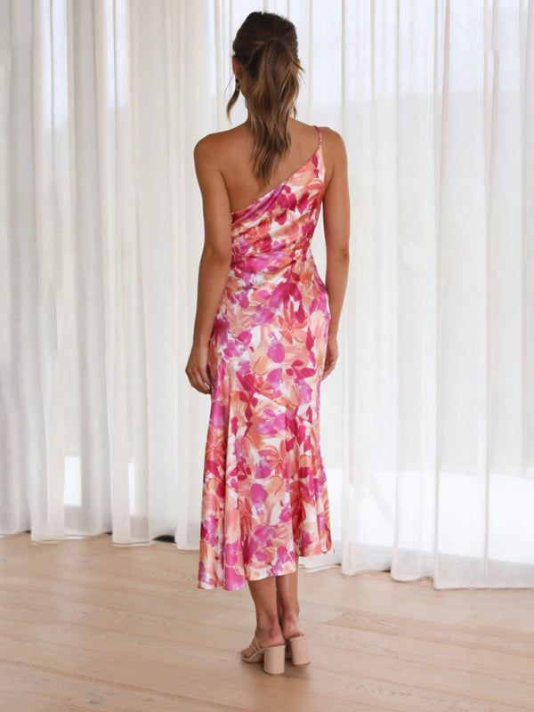 Women’s new fashionable temperament slant neck suspender fishtail print dress