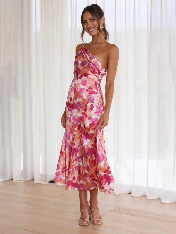Women’s new fashionable temperament slant neck suspender fishtail print dress