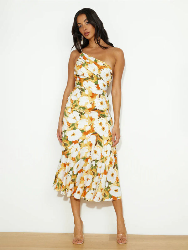Women’s new fashionable temperament slant neck suspender fishtail print dress