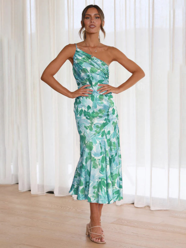 Women’s new fashionable temperament slant neck suspender fishtail print dress - Blue / S