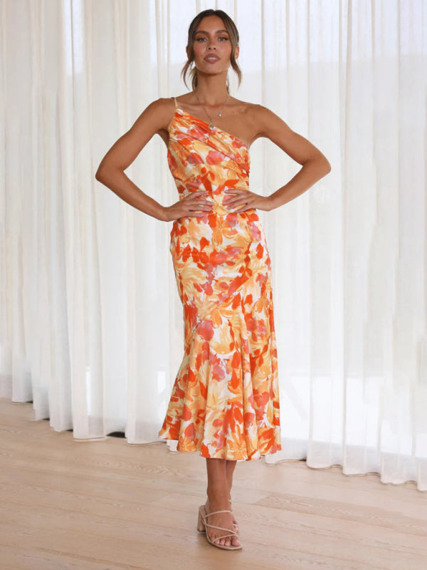 Women’s new fashionable temperament slant neck suspender fishtail print dress - Orange / S
