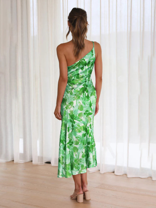Women’s new fashionable temperament slant neck suspender fishtail print dress