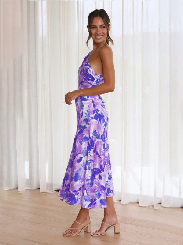 Women’s new fashionable temperament slant neck suspender fishtail print dress