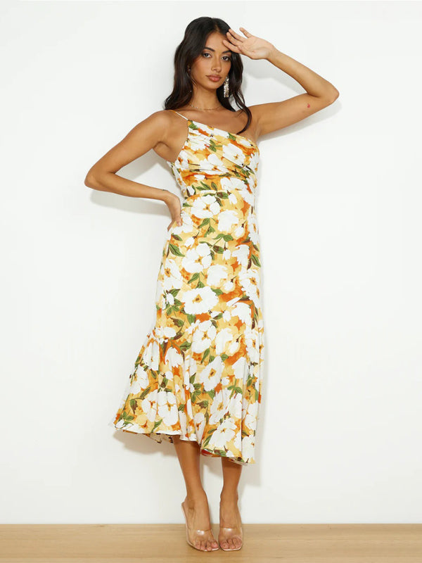 Women’s new fashionable temperament slant neck suspender fishtail print dress - Yellow / S