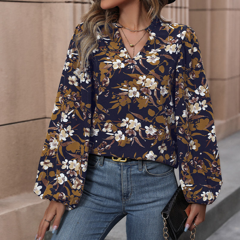 Women’s new floral V-neck floral print long-sleeved French retro shirt - Champlain color / S