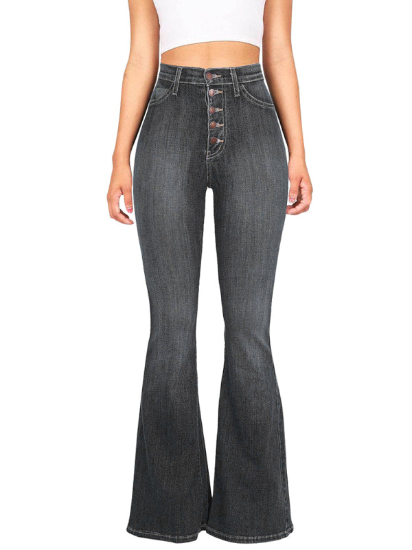 Women’s new high-waist washed button slim fit slightly flared wide-leg denim trousers - Grey / S