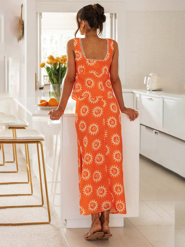 Women’s New Lace Spliced Square Neck Top Printed Long Skirt Hem Slit Long Skirt Suit