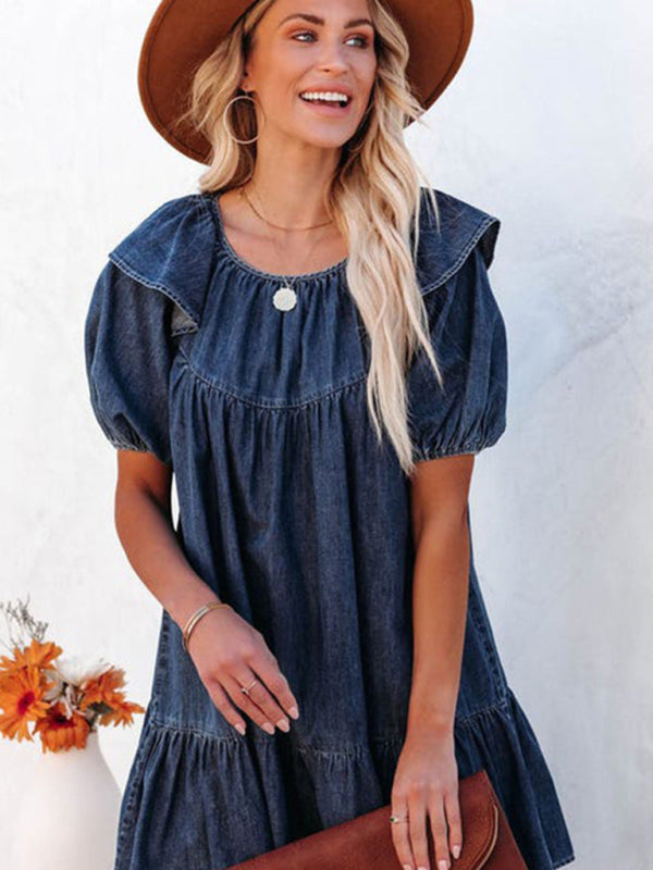 Women’s new loose casual ruffle short dress - Blue / S