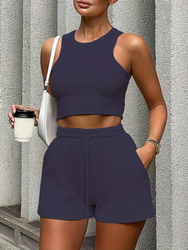 Women’s new loose solid color casual sleeveless shorts suit