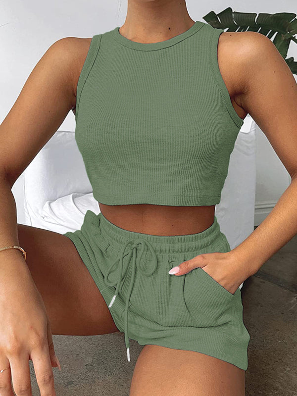 Women’s new loose solid color casual sleeveless shorts suit