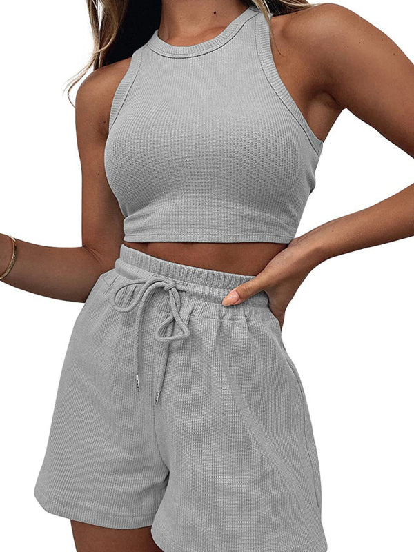 Women’s new loose solid color casual sleeveless shorts suit