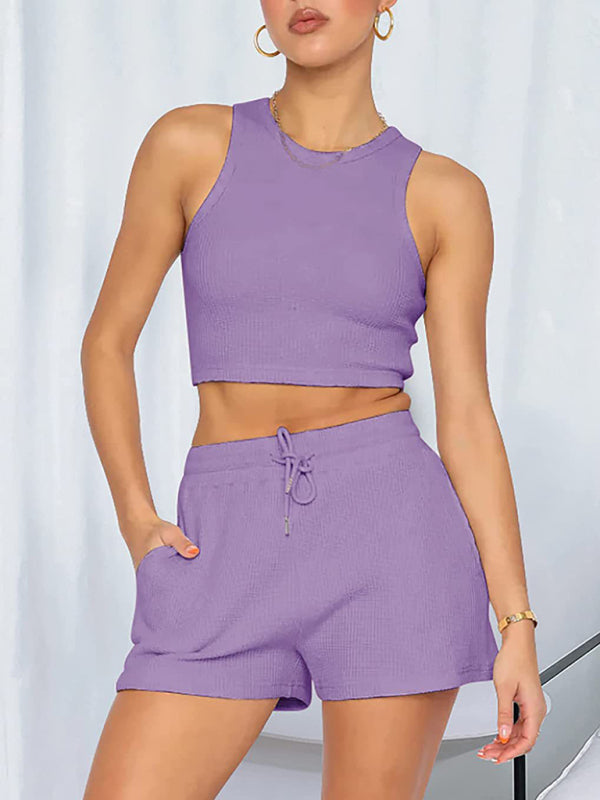 Women’s new loose solid color casual sleeveless shorts suit