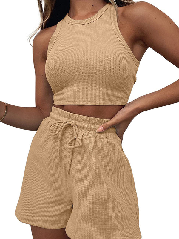 Women’s new loose solid color casual sleeveless shorts suit