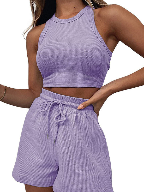Women’s new loose solid color casual sleeveless shorts suit