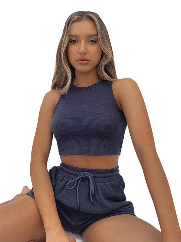 Women’s new loose solid color casual sleeveless shorts suit