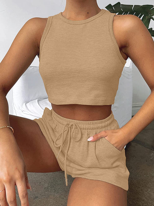 Women’s new loose solid color casual sleeveless shorts suit
