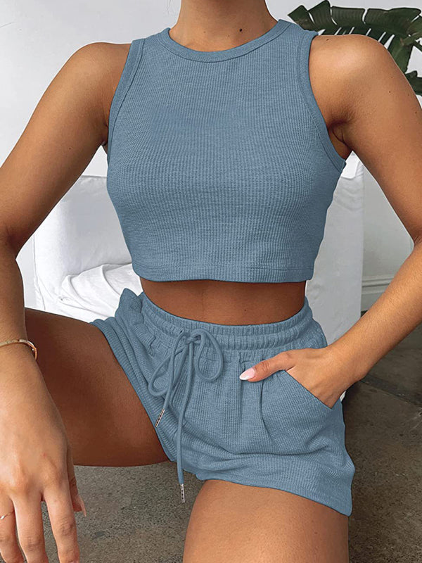 Women’s new loose solid color casual sleeveless shorts suit