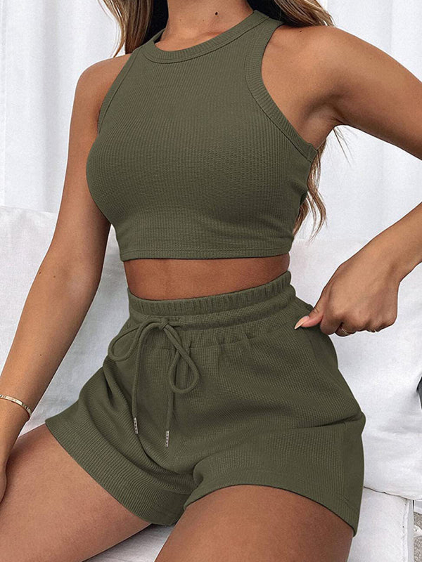 Women’s new loose solid color casual sleeveless shorts suit