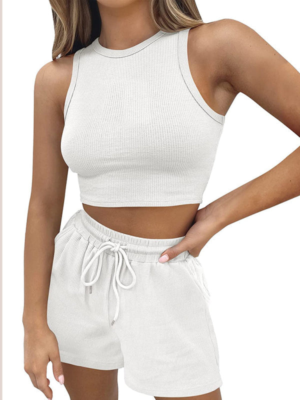 Women’s new loose solid color casual sleeveless shorts suit