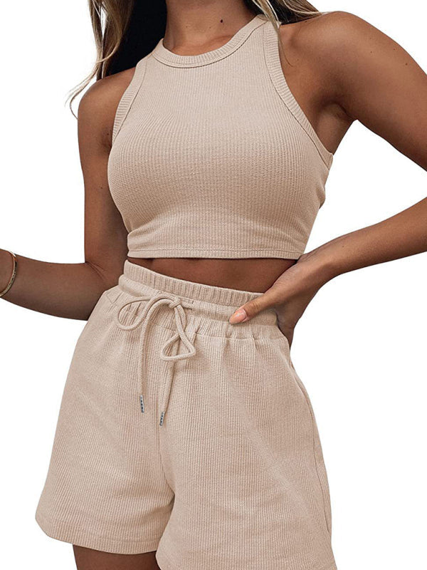 Women’s new loose solid color casual sleeveless shorts suit