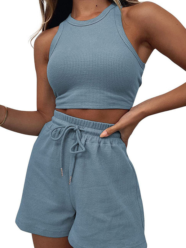 Women’s new loose solid color casual sleeveless shorts suit