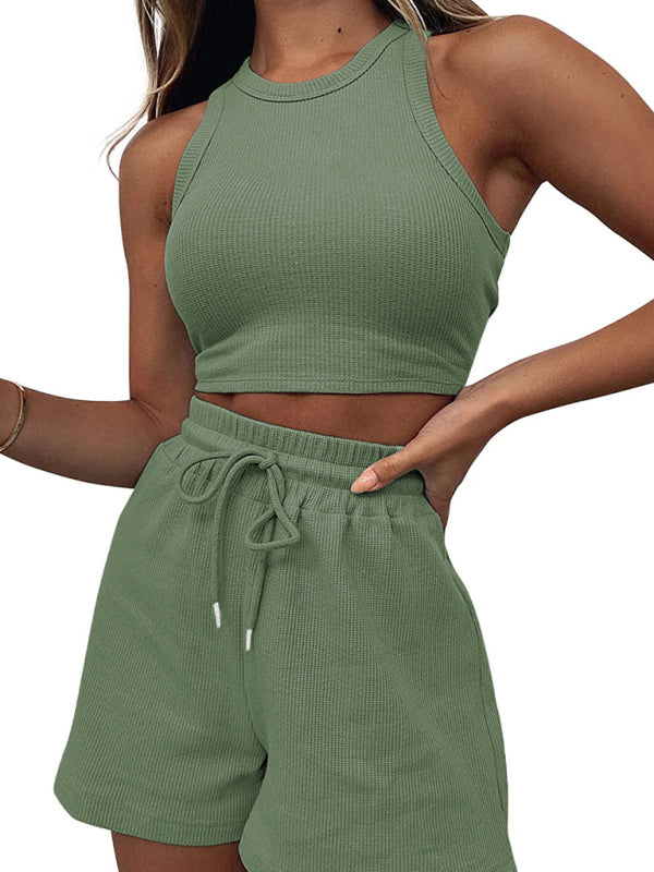 Women’s new loose solid color casual sleeveless shorts suit
