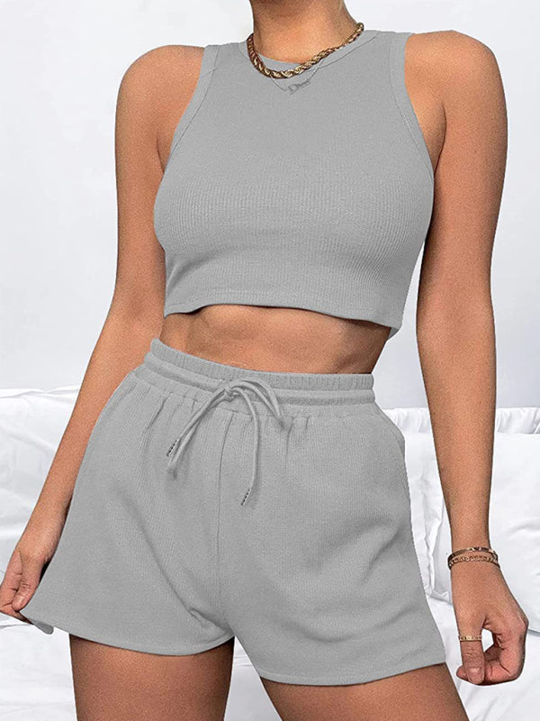 Women’s new loose solid color casual sleeveless shorts suit - Grey / S