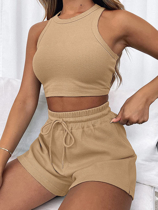 Women’s new loose solid color casual sleeveless shorts suit - Khaki / S