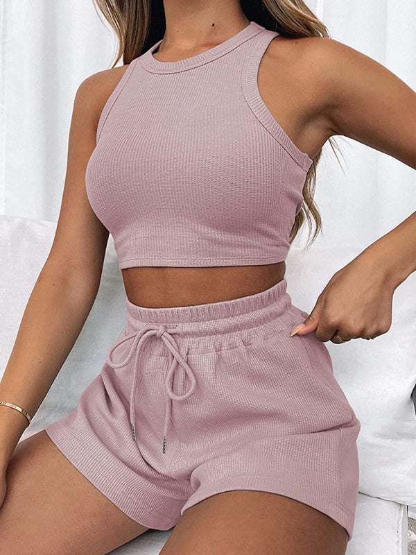 Women’s new loose solid color casual sleeveless shorts suit - Pink / S