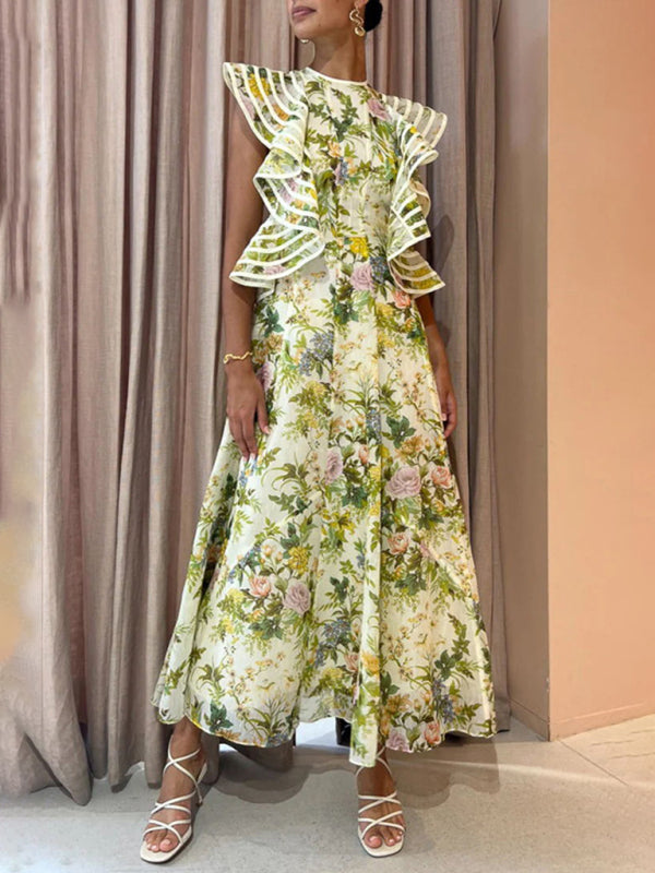 Women’s new sexy backless printed strappy dress - Grass green / S