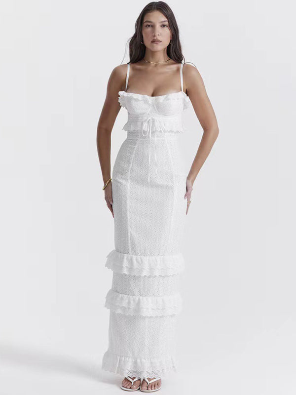 Women’s new sexy dress white hook-and-loop suspender long skirt slim French dress - White / S