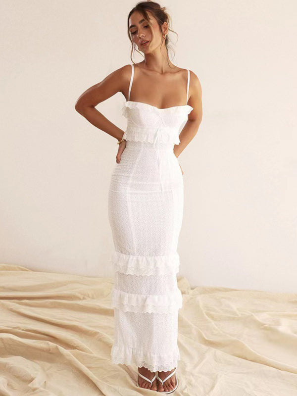 Women’s new sexy dress white hook-and-loop suspender long skirt slim French dress