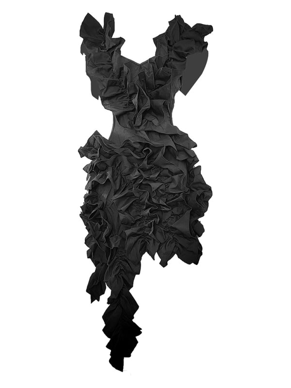 Women’s new sleeveless pleated backless mini dress irregular curling sexy dress