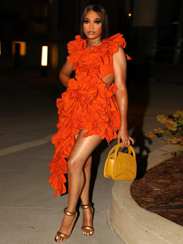 Women’s new sleeveless pleated backless mini dress irregular curling sexy dress - Orange / S