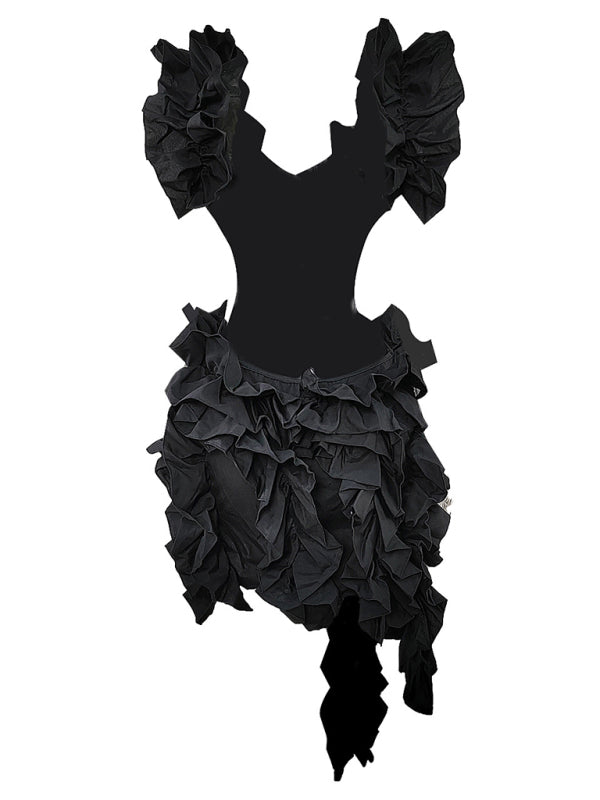 Women’s new sleeveless pleated backless mini dress irregular curling sexy dress