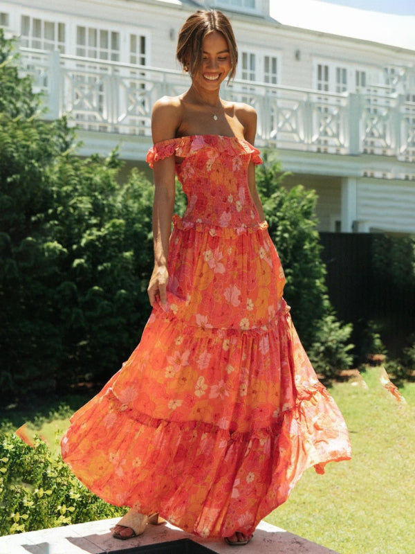 Women’s new small floral print fresh and sweet bust-wrapped dress - Orange / S
