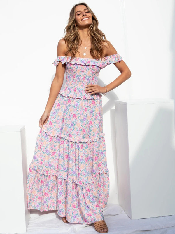 Women’s new small floral print fresh and sweet bust-wrapped dress - Pinkpurple / S