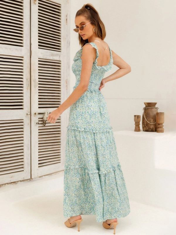 Women’s new small floral print fresh and sweet bust-wrapped dress