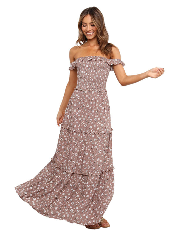 Women’s new small floral print fresh and sweet bust-wrapped dress - Brown / S