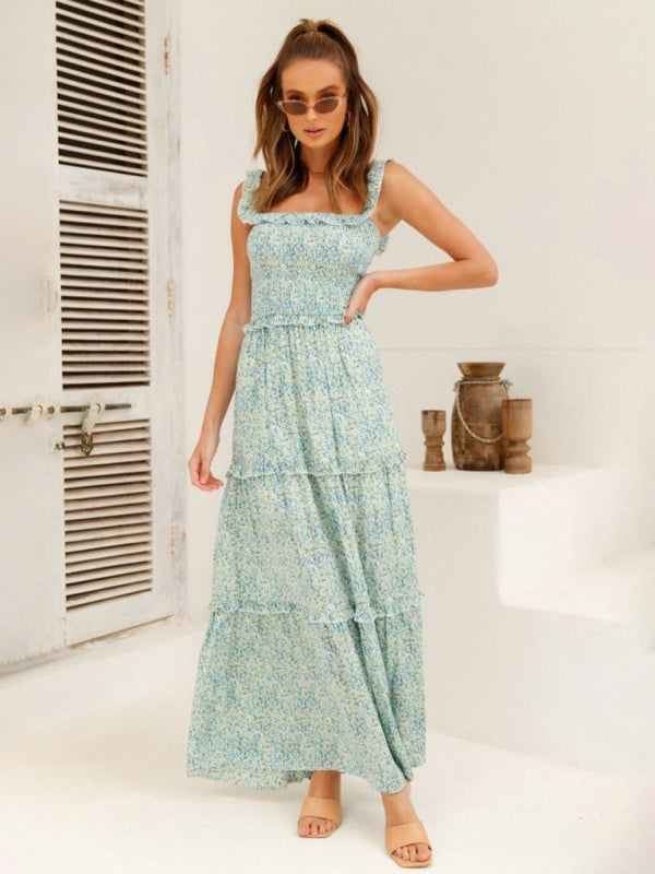 Women’s new small floral print fresh and sweet bust-wrapped dress - Pale green / S