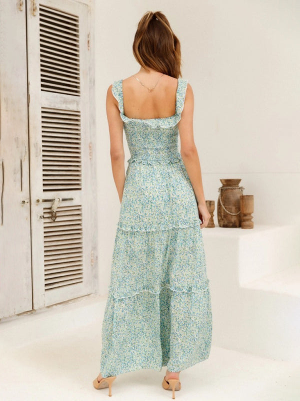 Women’s new small floral print fresh and sweet bust-wrapped dress