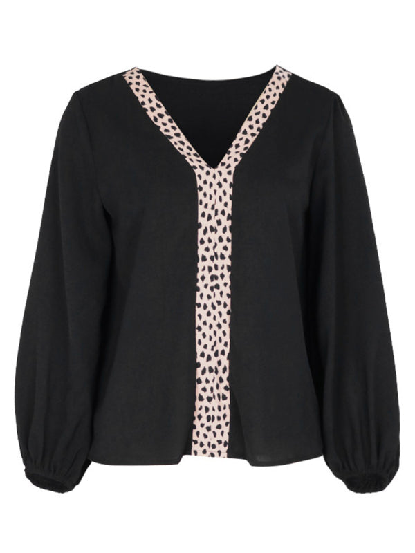 Women's new solid color V-neck long-sleeved retro shirt - Closther