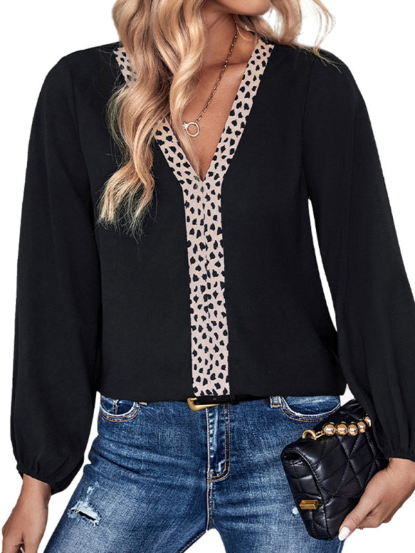 Women's new solid color V-neck long-sleeved retro shirt - Closther