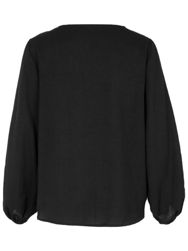 Women's new solid color V-neck long-sleeved retro shirt - Closther
