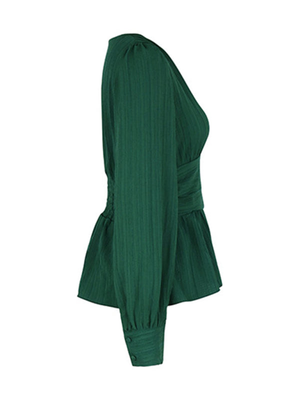 Women's new solid color V-neck long-sleeved waist shirt - Closther