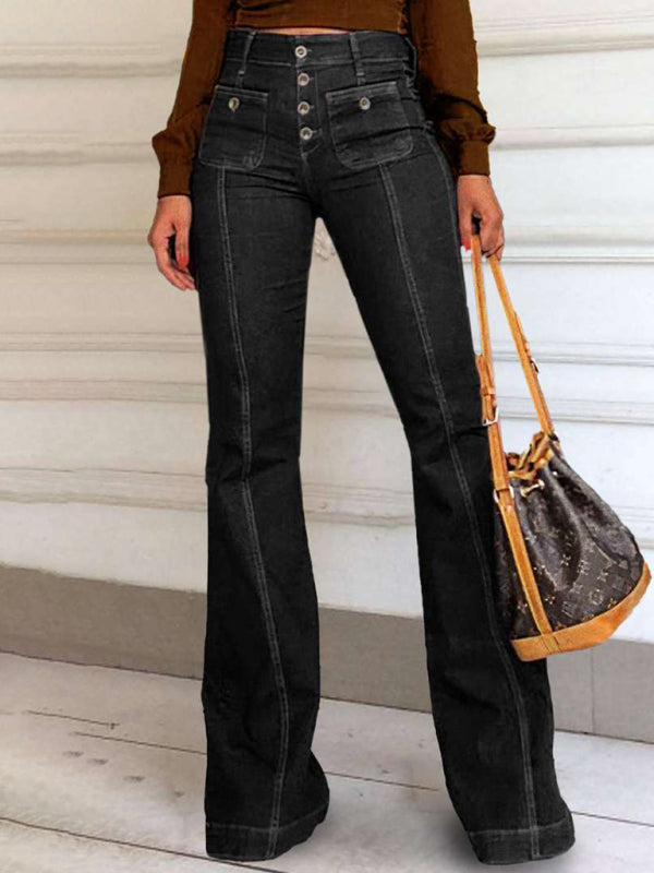 Women’s new stretch slim fit spliced high waist flared denim trousers - Black / S