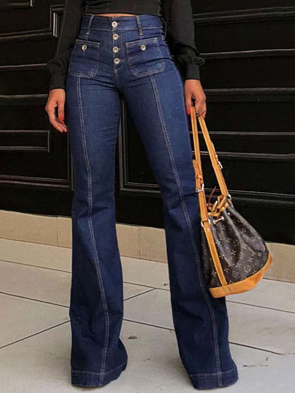 Women’s new stretch slim fit spliced high waist flared denim trousers - Purplish blue navy / S