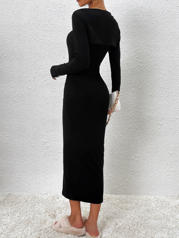 Women’s new style elegant solid color suspender long-sleeved top dress