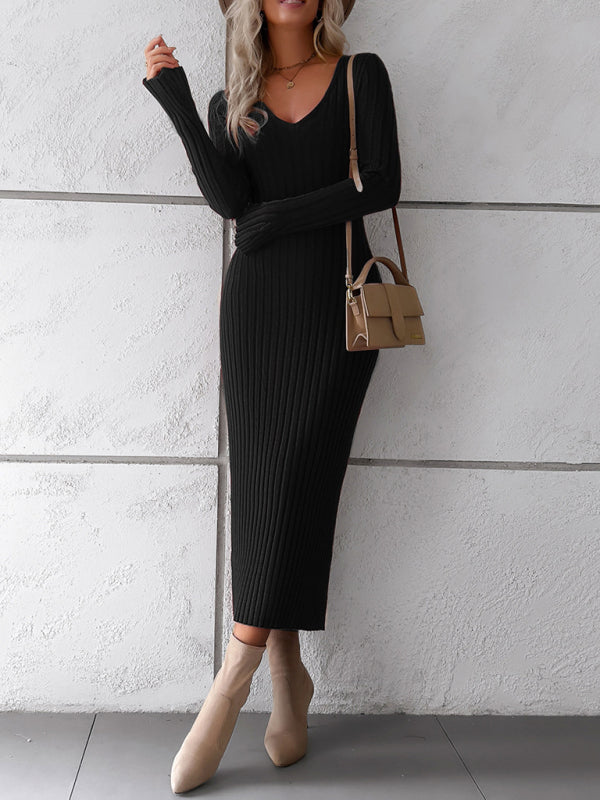 Women's new style elegant solid color v-neck long-sleeved sweater dress - Closther